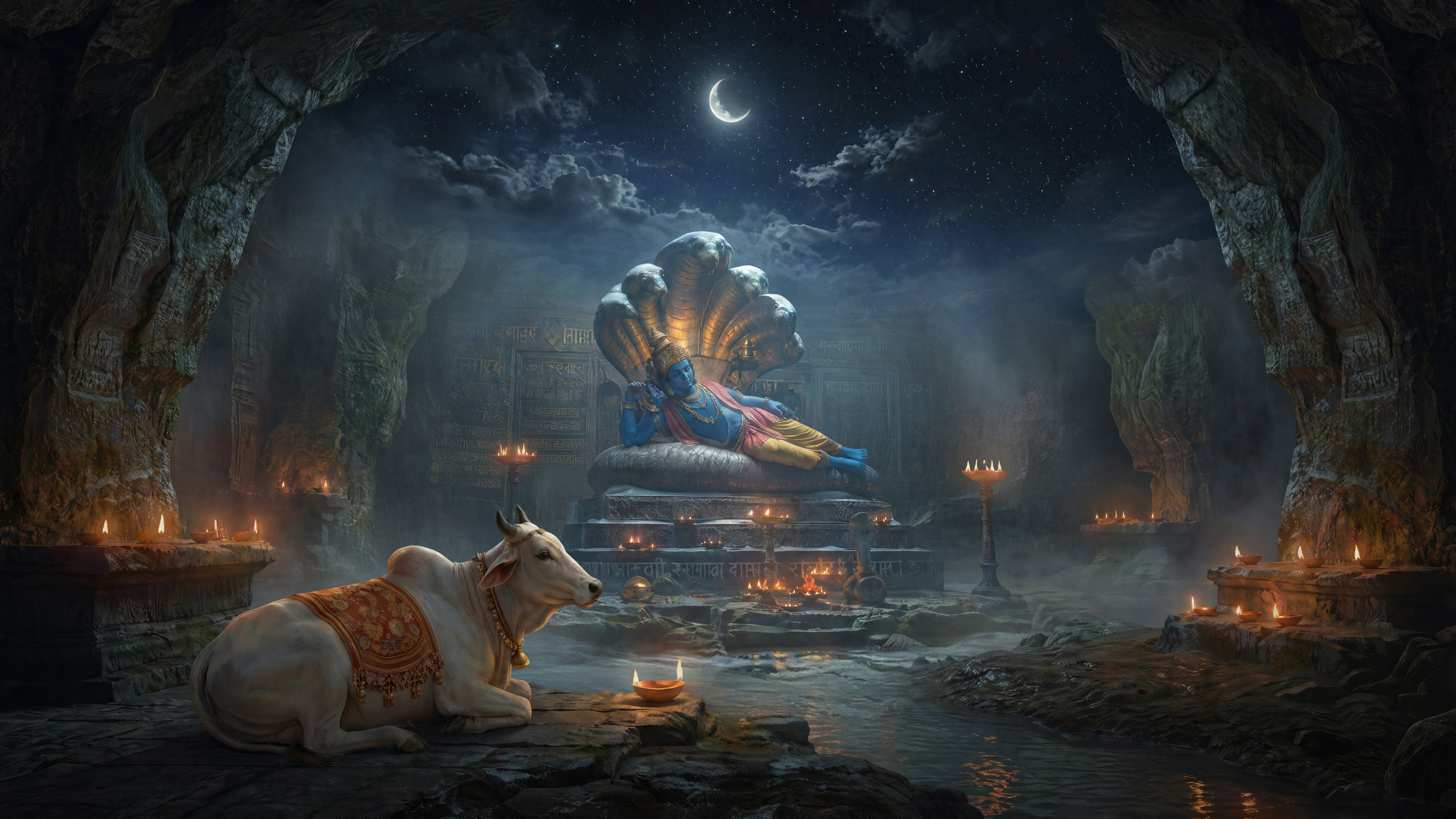 Moonlit cave shrine matte painting